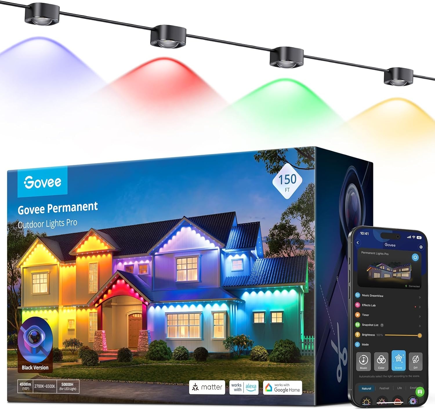 imageGovee Permanent Outdoor Lights Pro 200ft with 120 RGBIC LED Lights for Daily and Accent Lighting 75 Scene Modes for Patio Decor IP67 Waterproof Works with Alexa Google Assistant Matter WhiteBlack