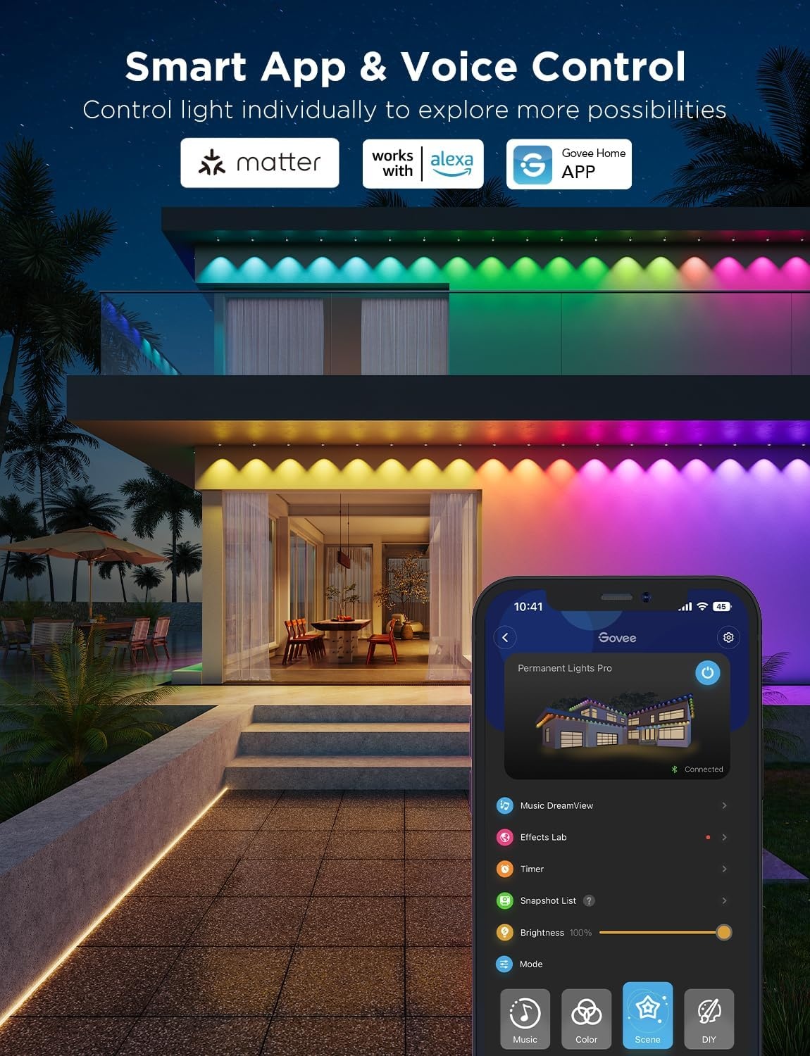imageGovee Permanent Outdoor Lights Pro 200ft with 120 RGBIC LED Lights for Daily and Accent Lighting 75 Scene Modes for Patio Decor IP67 Waterproof Works with Alexa Google Assistant Matter WhiteWhite