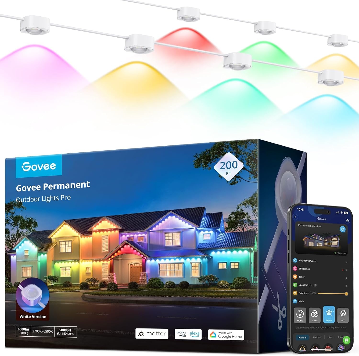 imageGovee Permanent Outdoor Lights Pro 200ft with 120 RGBIC LED Lights for Daily and Accent Lighting 75 Scene Modes for Patio Decor IP67 Waterproof Works with Alexa Google Assistant Matter WhiteWhite