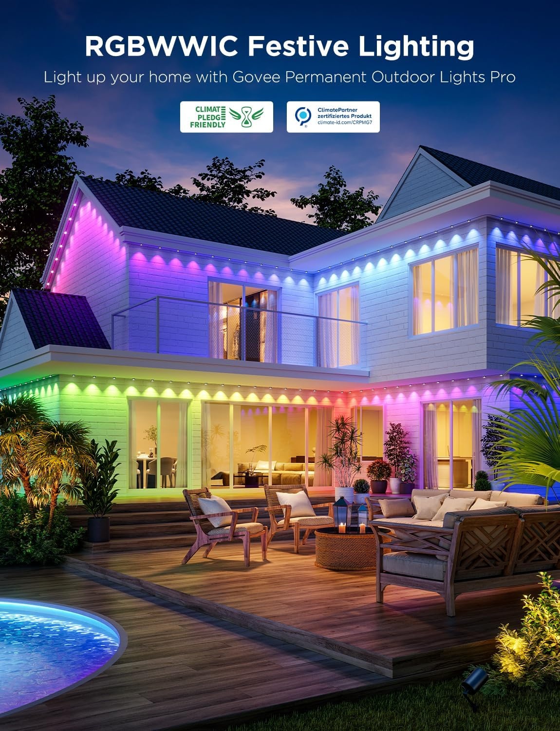 imageGovee Permanent Outdoor Lights Pro 200ft with 120 RGBIC LED Lights for Daily and Accent Lighting 75 Scene Modes for Patio Decor IP67 Waterproof Works with Alexa Google Assistant Matter WhiteWhite