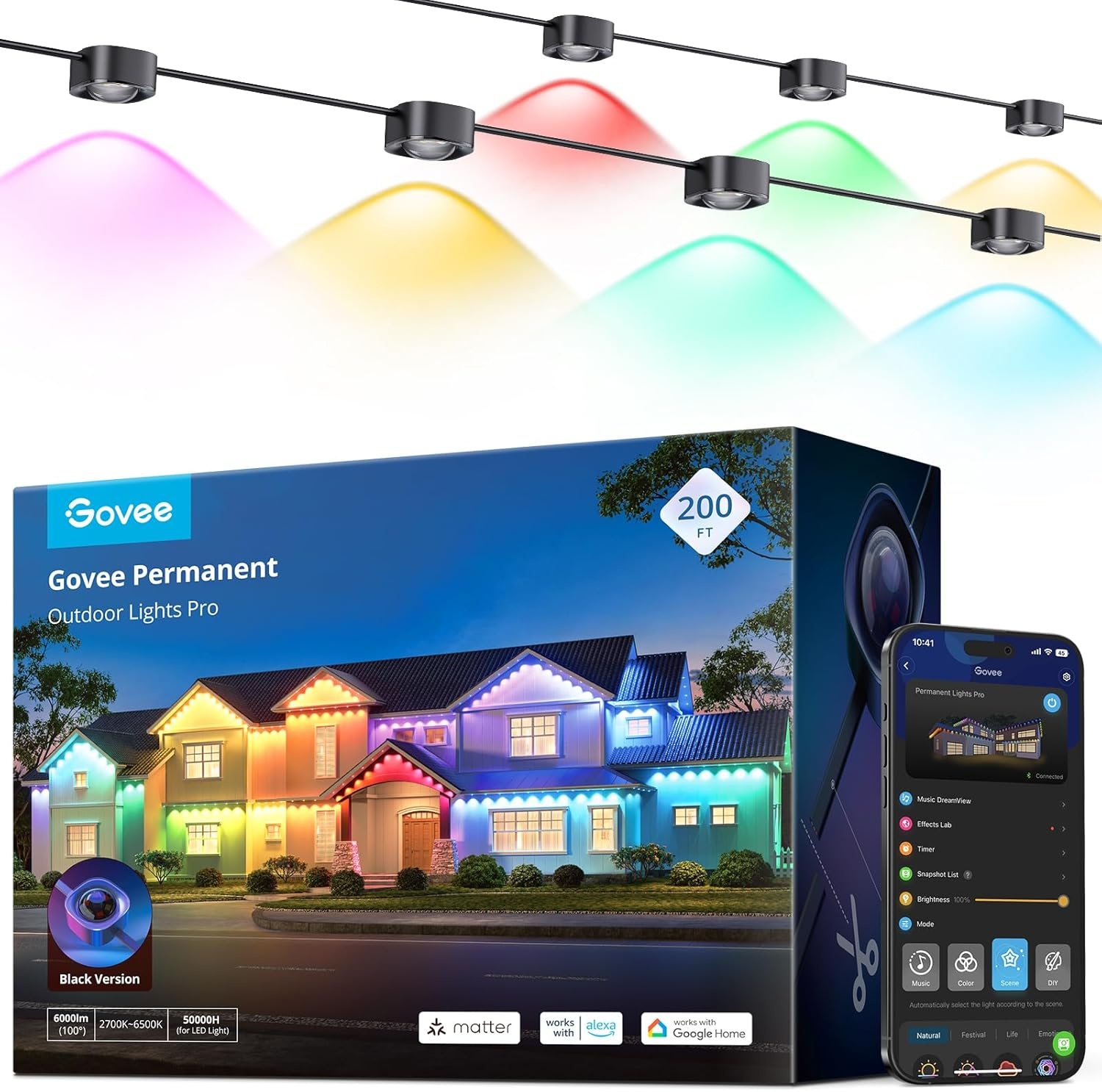 imageGovee Permanent Outdoor Lights Pro 200ft with 120 RGBIC LED Lights for Daily and Accent Lighting 75 Scene Modes for Patio Decor IP67 Waterproof Works with Alexa Google Assistant Matter WhiteBlack