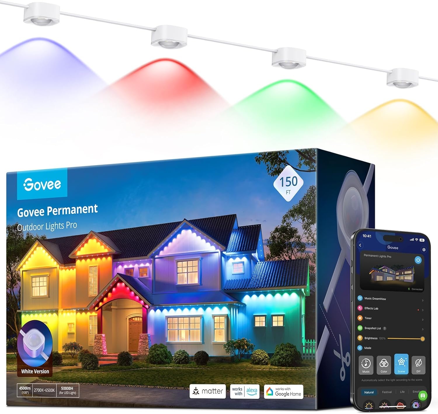 imageGovee Permanent Outdoor Lights Pro 200ft with 120 RGBIC LED Lights for Daily and Accent Lighting 75 Scene Modes for Patio Decor IP67 Waterproof Works with Alexa Google Assistant Matter WhiteWhite