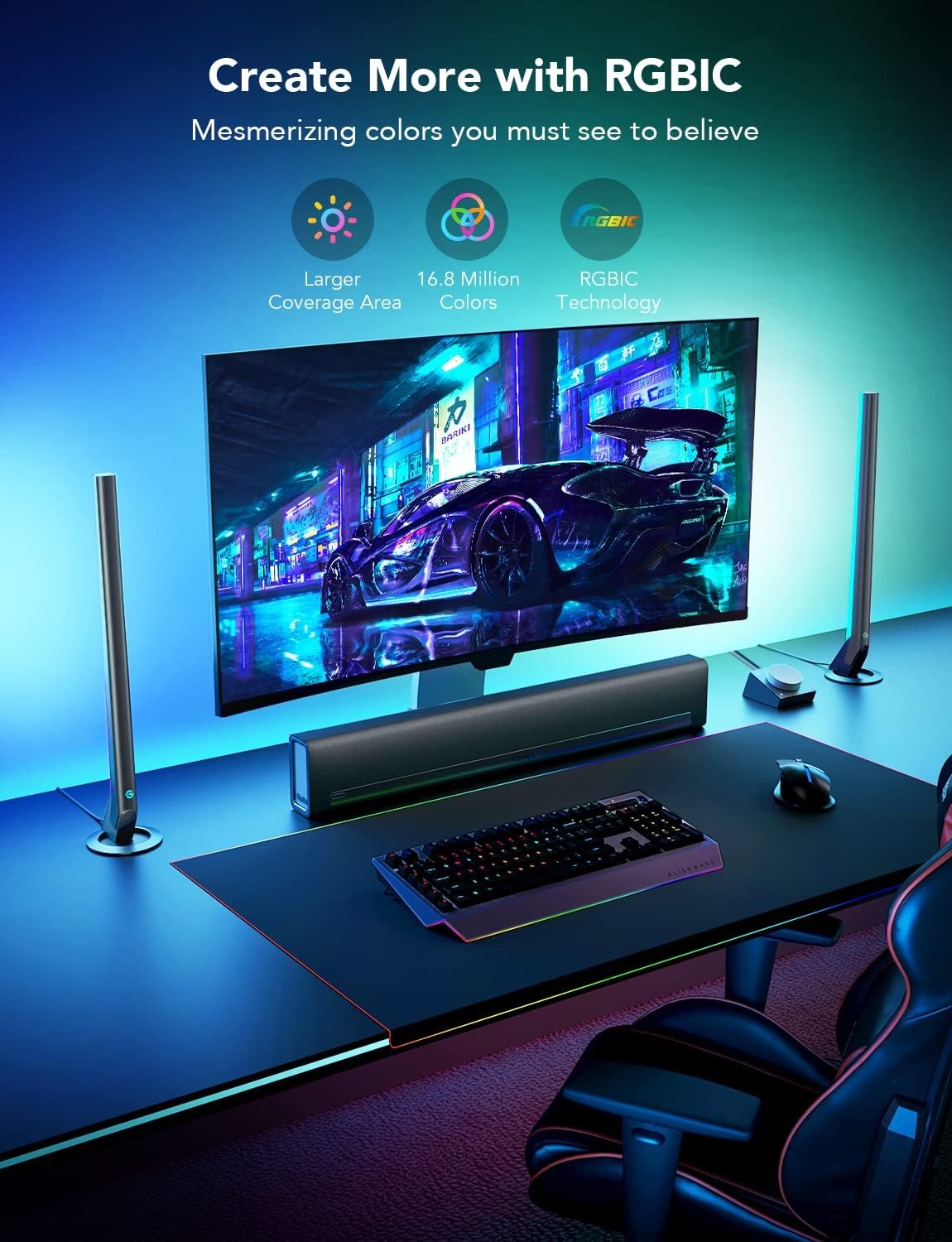image:imageGovee RGBIC Gaming Light Bars H6047 with Smart Controller WiFi Smart LED Gaming Lights with Music Modes and 60 Scene Modes Built Works with Alexa amp Google Assistant Game Room Lights DecorDark Grey