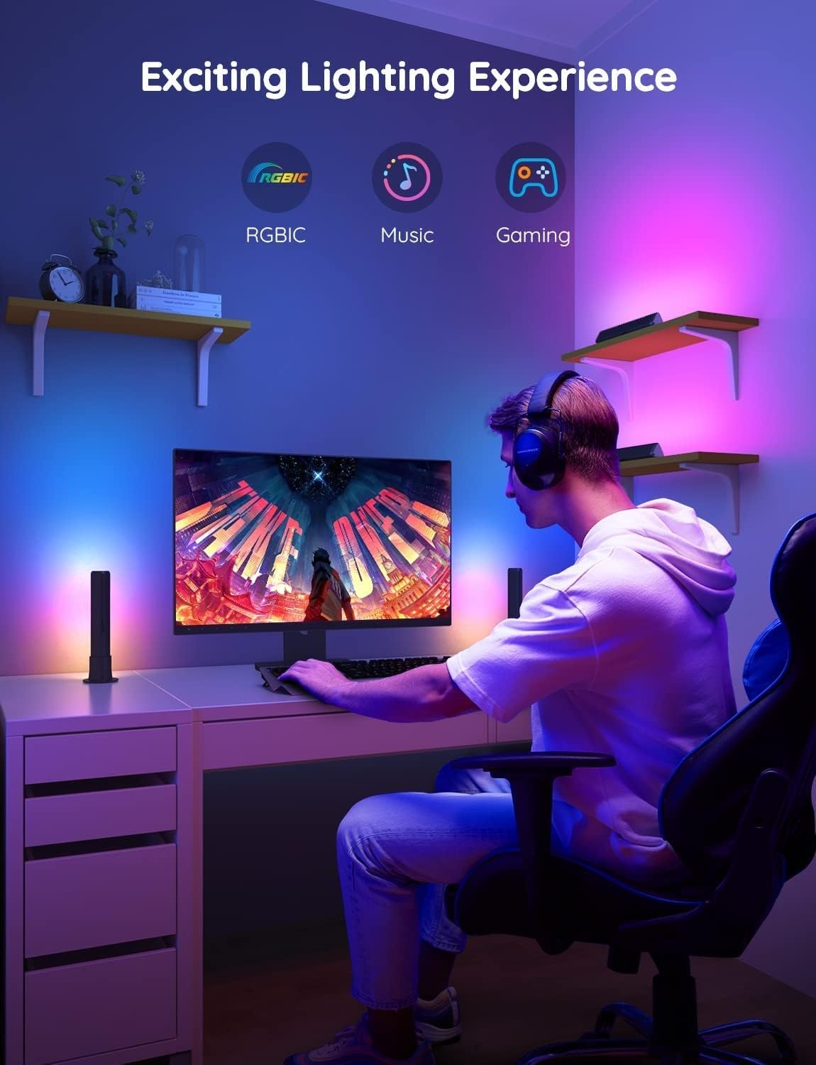 image:imageGovee Smart LED Light Bars Work with Alexa and Google Assistant RGBICWW WiFi TV Backlights with Scene and Music Modes for Gaming PC Living Room Decoration BlackBlack