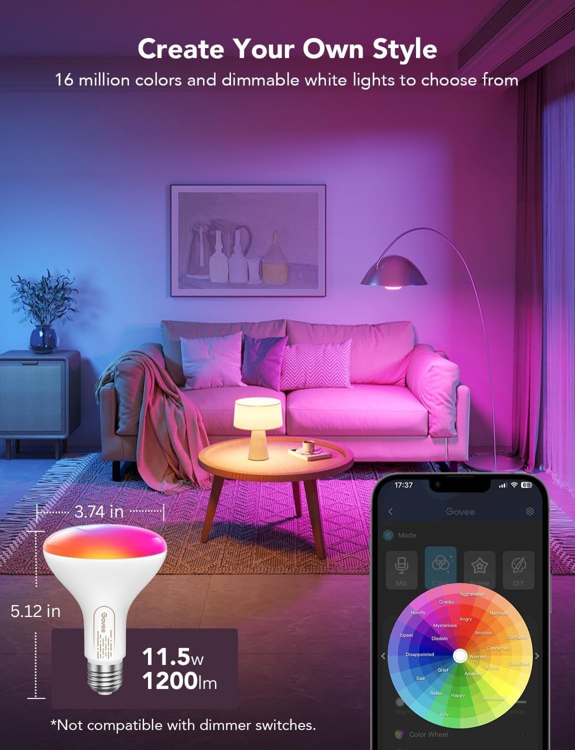 image:imageGovee Smart Light Bulbs 1200 Lumens Dimmable BR30 Bulbs RGBWW Color Changing Light Bulb Flood Light Bulbs Work with Alexa Google Assistant WiFi amp Bluetooth LED Bulbs Music Sync 2 Pack2