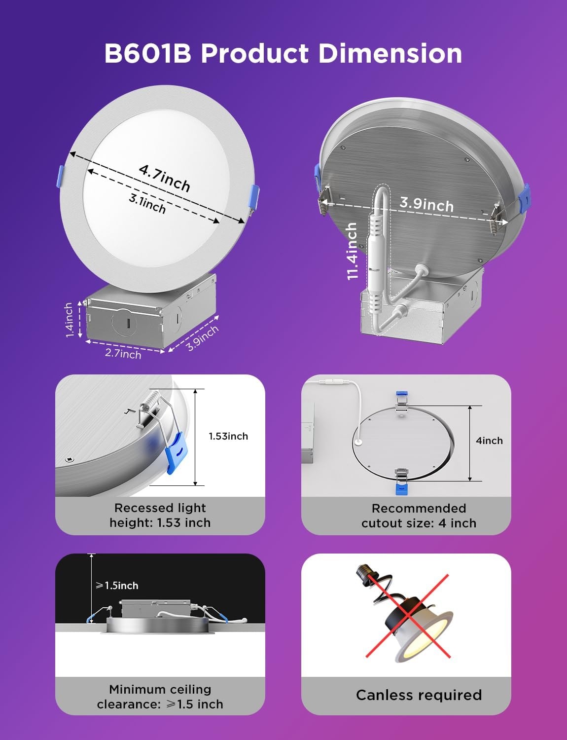image:imageGovee Smart Recessed Lighting 6 Inch WiFi Bluetooth Direct Connect RGBWW LED Downlight 65 Scene Mode Canless Recessed Light Work with Alexa amp Google Assistant with Junction Box 1100 Lumen 4 Pack4 Inch