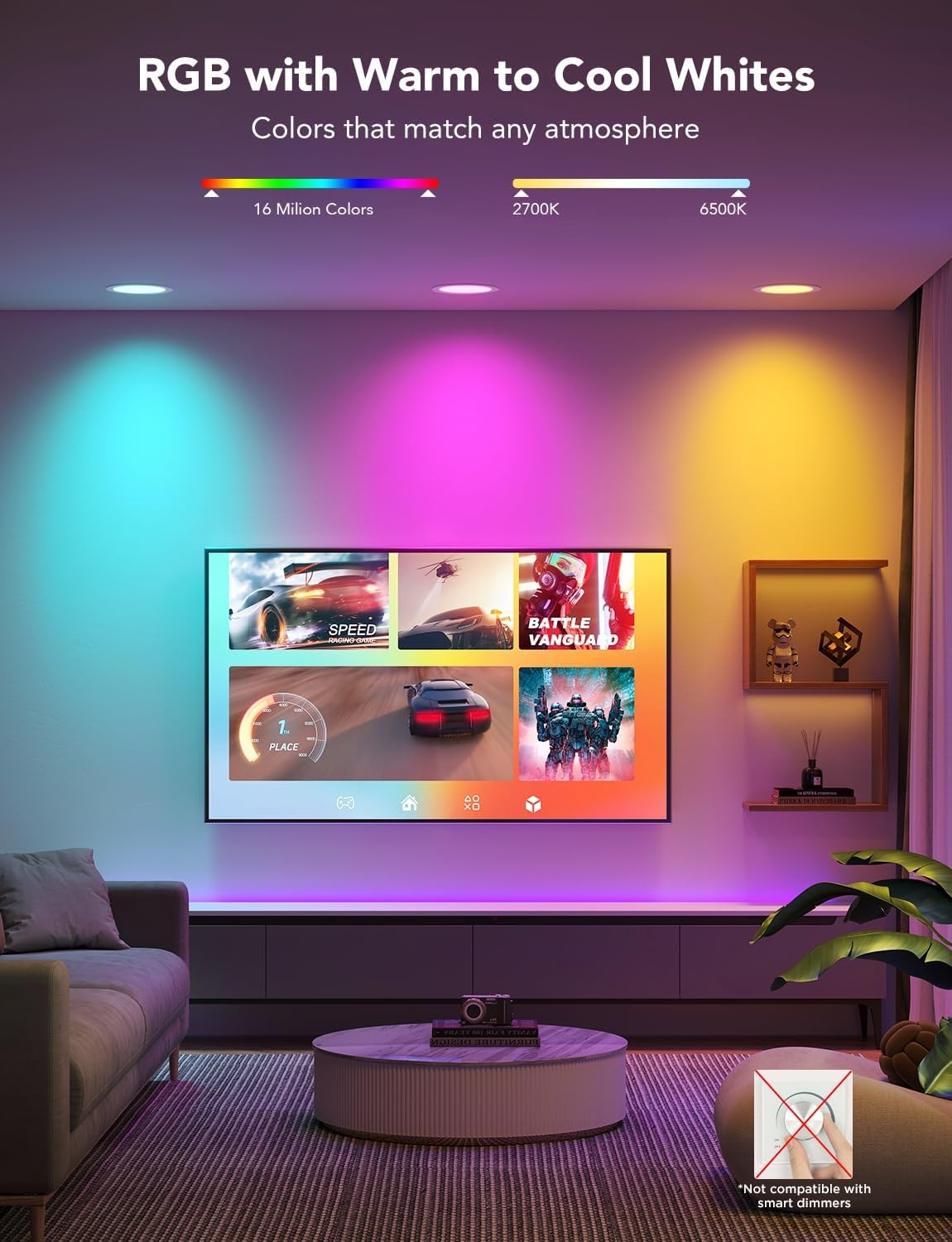 image:imageGovee Smart Recessed Lighting 6 Inch WiFi Bluetooth Direct Connect RGBWW LED Downlight 65 Scene Mode Canless Recessed Light Work with Alexa amp Google Assistant with Junction Box 1100 Lumen 4 Pack4 Inch