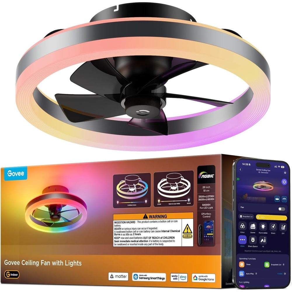 image:imageGovee Ceiling Fan with Lights 20 RGBIC Oscillating Flush Mount Bladeless Ceiling Fans with Lights and Remote 12 Speeds Reversible DC Motor 3100lm Low Profile Ceiling Fan for Bedroom Living Room