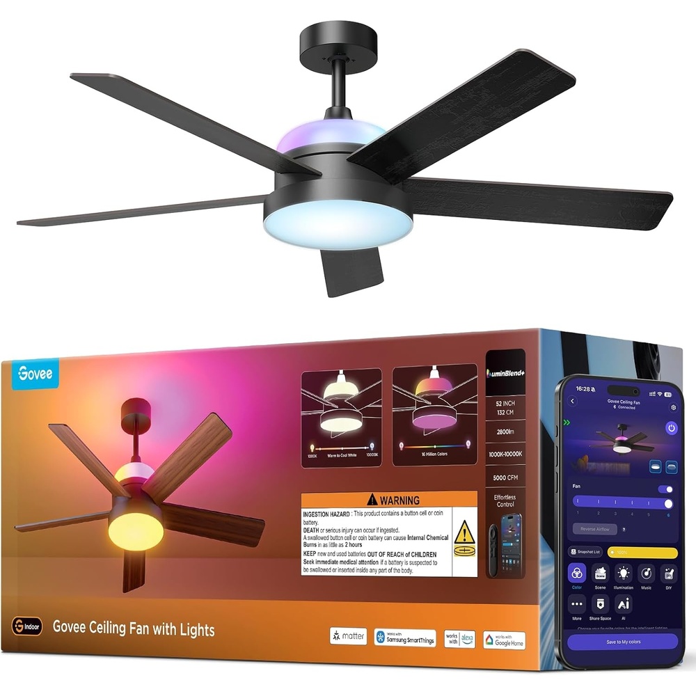 image:imageGovee Ceiling Fan with Lights RGBIC Smart 52 Low Profile Ceiling Fan with Lights and Remote Reversible DC Motor Dimmable 2800lm Ceiling Fan for Bedroom Living Room Black