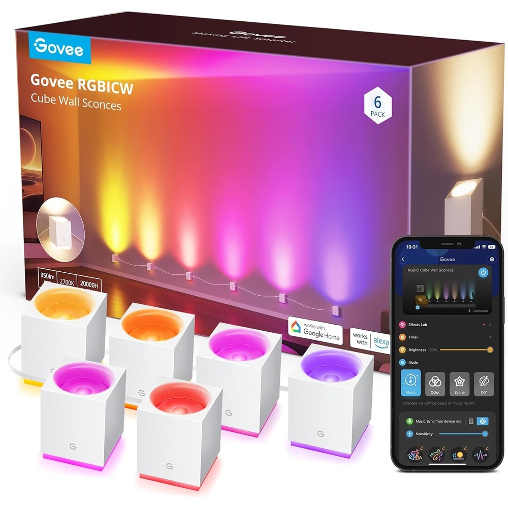image:imageGovee Cube Wall Sconces RGBIC LED Wall Light Works with Alexa WiFi Smart Lights for Room Decor Color Changing Indoor Light Fixture for Bedroom Dining Room Music Sync Adjustable Cables 15ft
