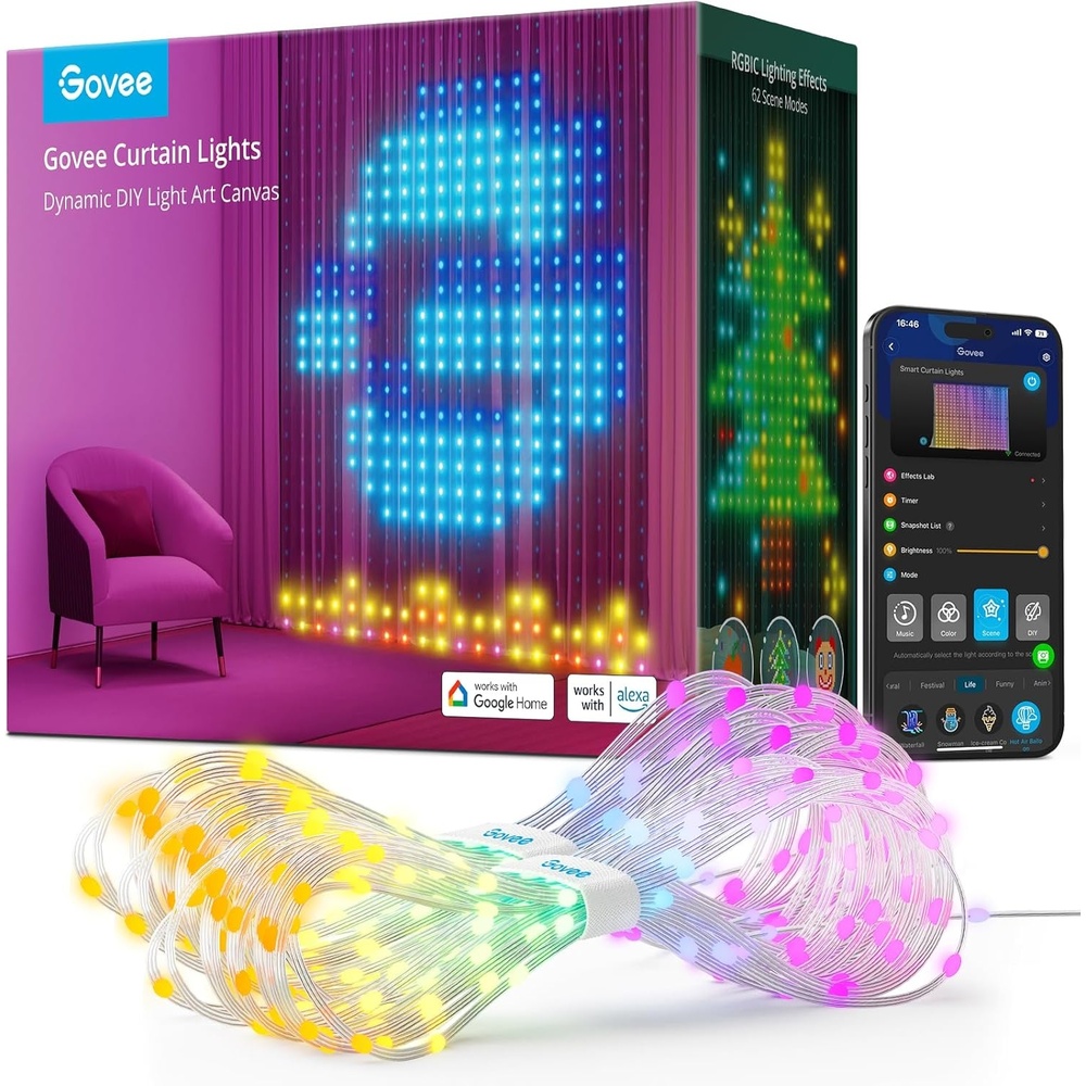 imageGovee Curtain Lights Smart LED Color Changing Wall Lights Dynamic DIY Curtain String Lights for Bedroom Living Room Holiday Decor Outdoor IP65 Waterproof49x66ft 520 RGBIC LED1