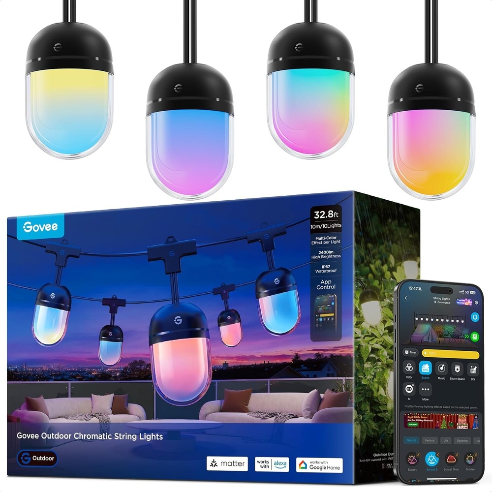 image:imageGovee Outdoor Chromatic String Lights 656ft RGBIC Outdoor Lights 55 RGB LEDs per Bulb UniIC Control 111 Scenes IP67 Waterproof String lights compatible with Alexa Google Matter App Control328ft