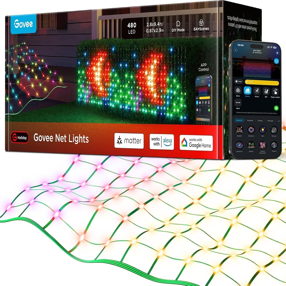 imageGovee Outdoor Net Lights 2894ft with RGBIC and DIY Functions 480 LEDs Smart Net Lights with 64 Modes for Bush Patio Decor Compatible with Alexa amp Google Assistant Outdoor Waterproof Green Wire2894ft