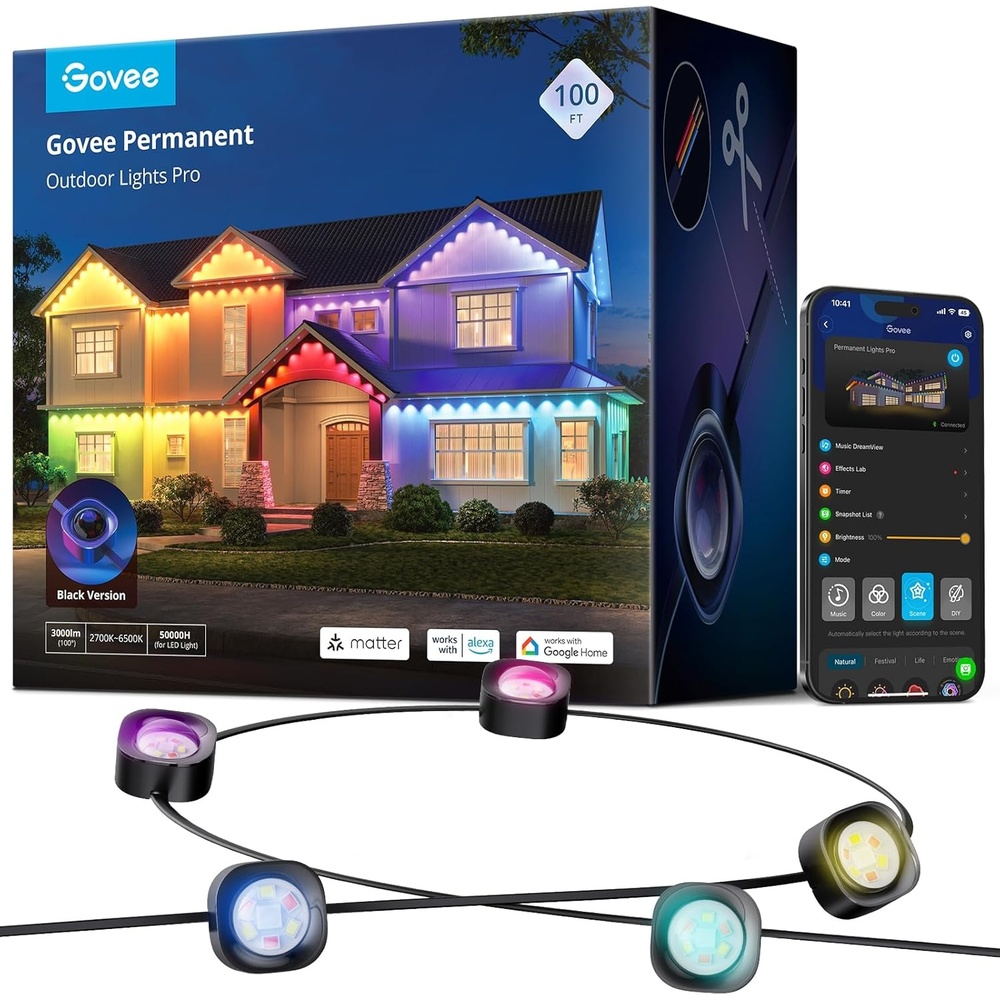 imageGovee Permanent Outdoor Lights Pro 200ft with 120 RGBIC LED Lights for Daily and Accent Lighting 75 Scene Modes for Patio Decor IP67 Waterproof Works with Alexa Google Assistant Matter WhiteBlack