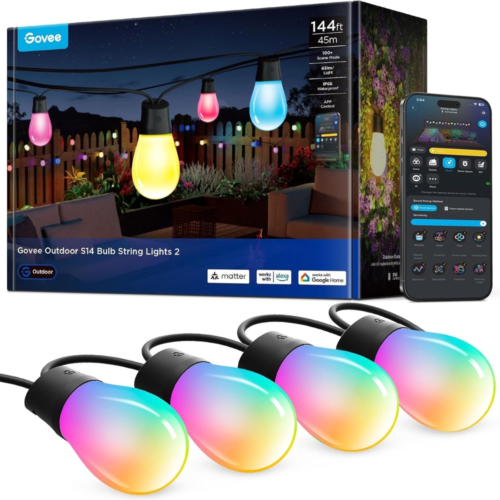 imageGovee S14 Bulb Outdoor String Lights 2 96ft Smart RGBIC Warm White Lights with 30 LED Bulbs2 Ropes of 48ft 111 Scene Modes for Patio Decor IP66 Compatible with Alexa Google Matter APP Control144ft