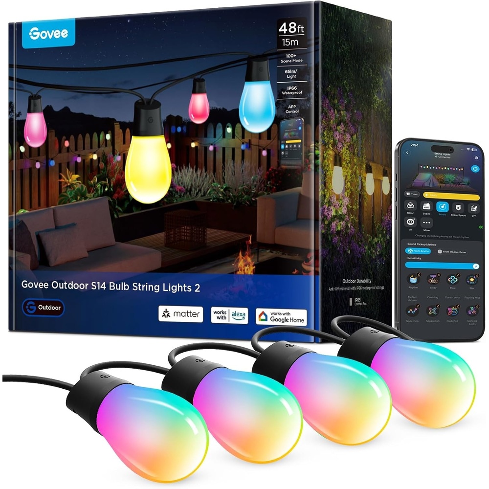imageGovee S14 Bulb Outdoor String Lights 2 96ft Smart RGBIC Warm White Lights with 30 LED Bulbs2 Ropes of 48ft 111 Scene Modes for Patio Decor IP66 Compatible with Alexa Google Matter APP Control48ft