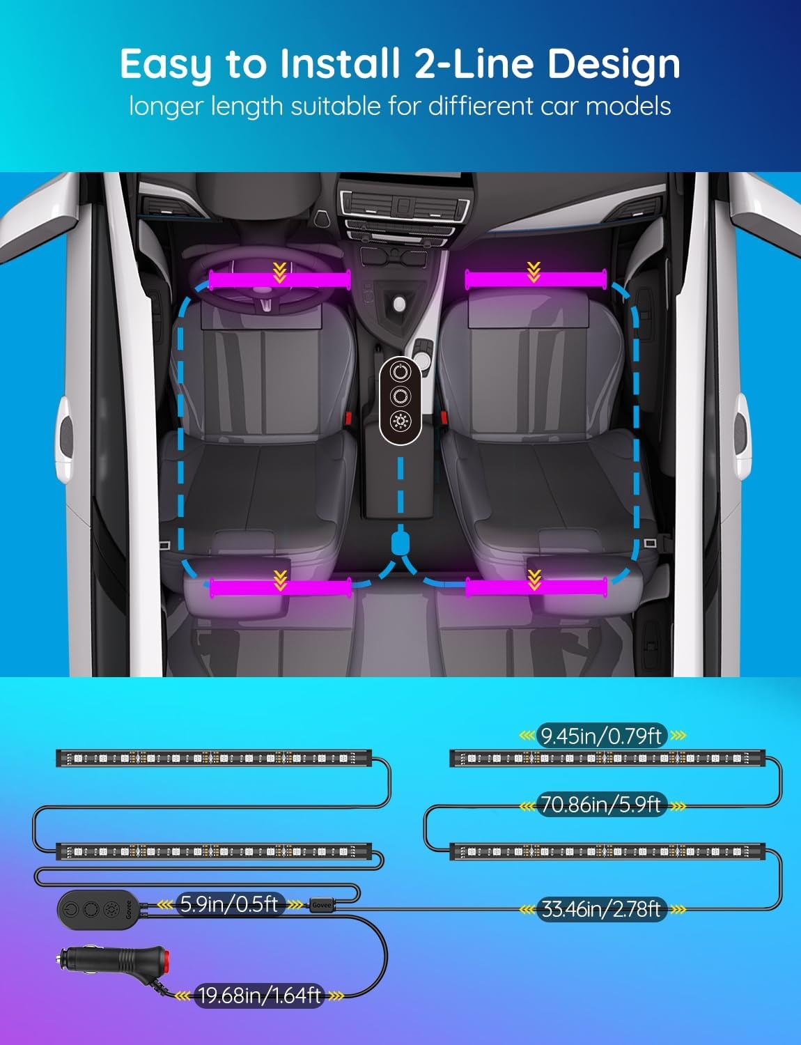 image:imageGovee Car LED Lights Smart Car Interior Lights with App Control RGB Lights with DIY Mode and Music Mode 2 Lines Design LED Lights for Cars with Car Charger 12V
