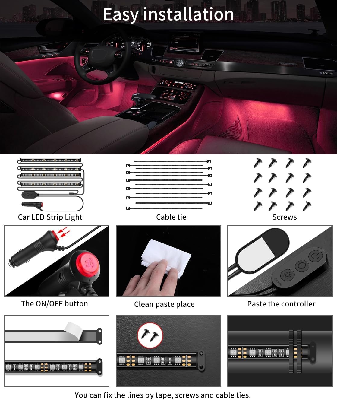 image:imageGovee Car LED Lights Smart Car Interior Lights with App Control RGB Lights with DIY Mode and Music Mode 2 Lines Design LED Lights for Cars with Car Charger 12V